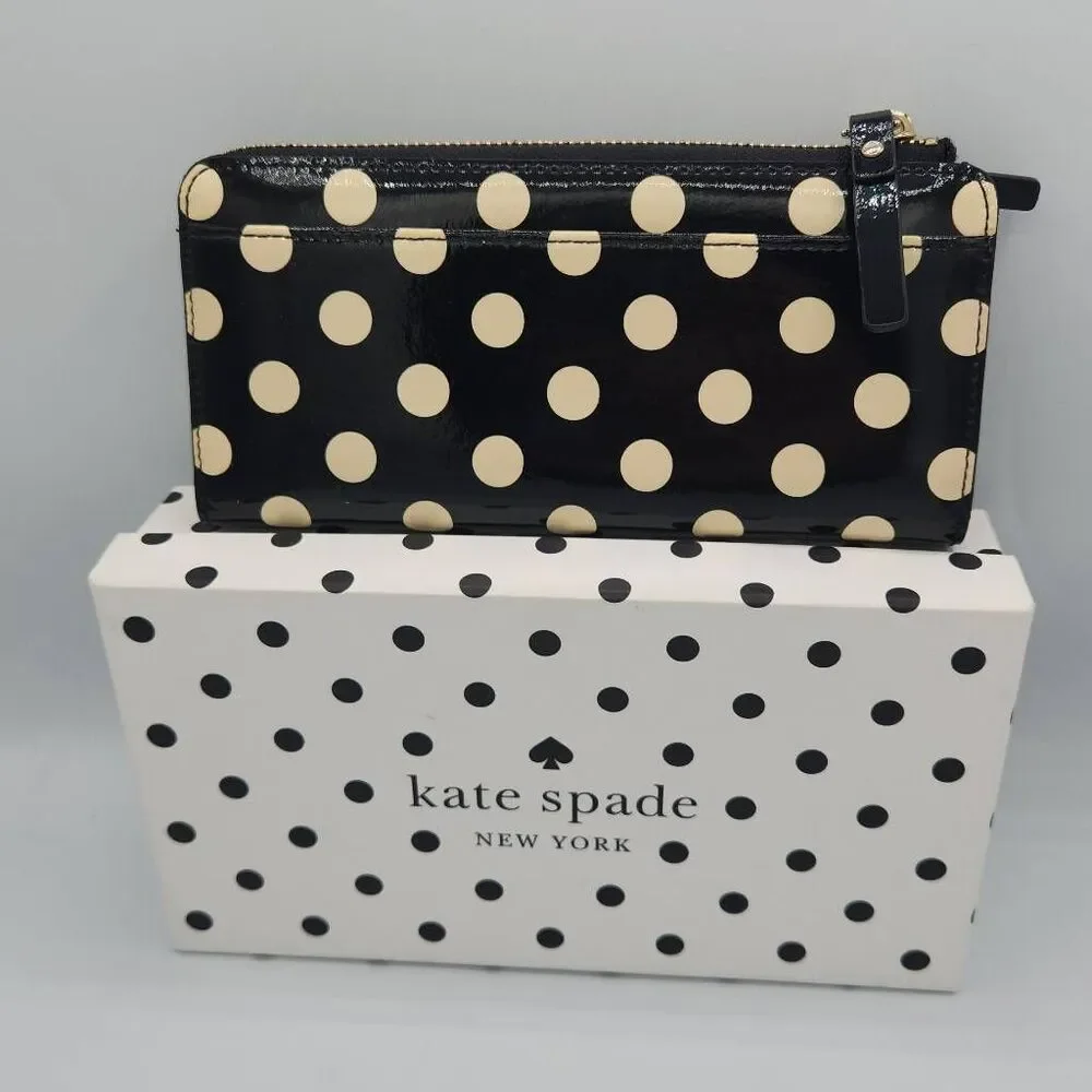 Kate Spade charming dot black and cream zip around wallet with gift box